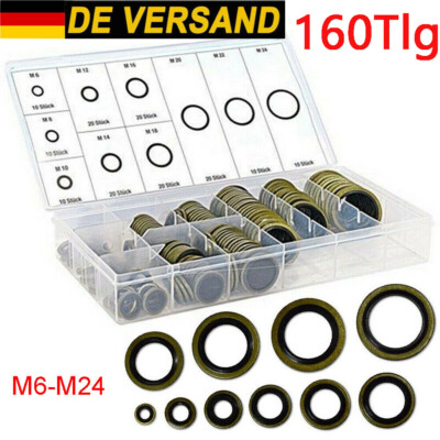 160 tlg Bonded Seal Dichtring Sortiment M6-M24 Ölablass-Schrauben-Dichtung Satz