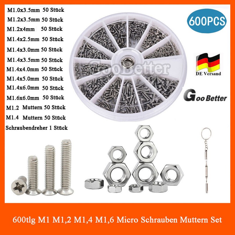 600tlg Micro Schrauben Sechskantmutter Set M1 M1.2 M1.4 M1.6, FÃ¼R Brillen/Uhren