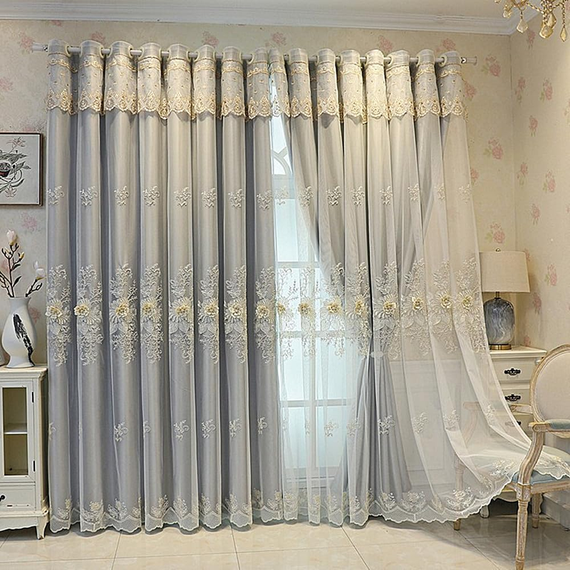 1 Pair Luxury European Curtains with Valance for Living Room Bedroom Double Layer Embroidered Room Darkening Curtains (Grey,51X84 Inch)