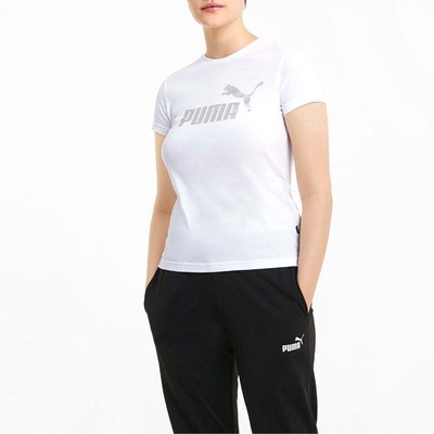 

Puma Ess+ Футболка с круглым вырезом и коротким рукавом с металлическим логотипом, женская повседневная футболка размера, Белый