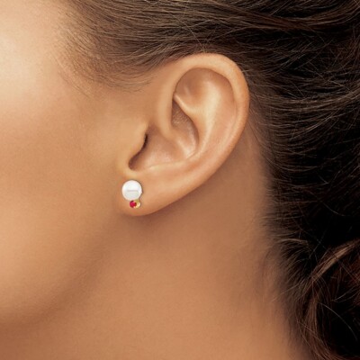 Pre-owned Diamond2deal 14k Yellow Gold 7-7.5mm White Round Freshwater Cultured Pearl Ruby Stud Earrings