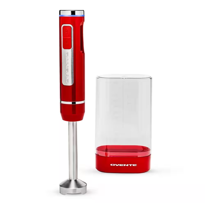Immersion Blender Red Stainless Steel Blades 200-Watt Cordless Rechargeable Hand