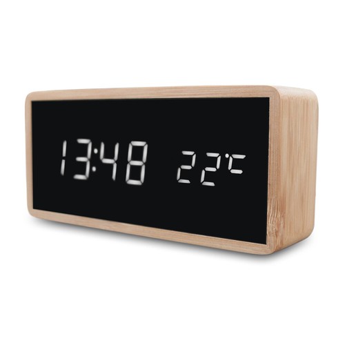 Bamboo Wooden Desk Alarm Clock Thermometer Mirror USB / Battery Dual Powered