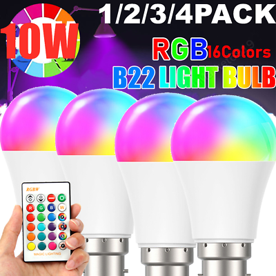 1 4pack 10W RGB LED Globe Light Bulb Remote Control 16 Colour Changing B22 Bulbs
