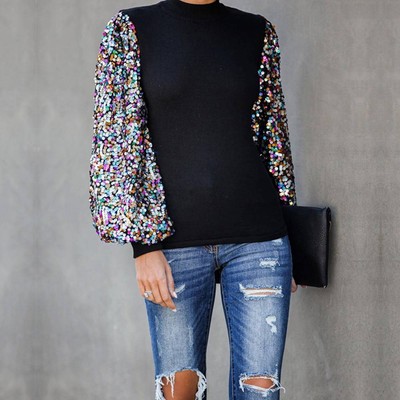 Women's Long Puff Sleeve Round Neck Color Block Tops Ladies Casual Pullover Tee