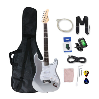 6 String Silver Electric Guitar Kit Classic Maple Neck Dot Inlay with Guitar Bag