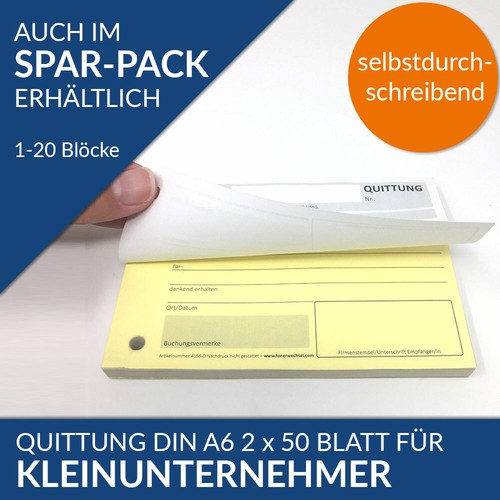 Selbstdurchschreibend Quittungsblock für Kleinunternehmer DIN A6 2 x 50 Blatt...