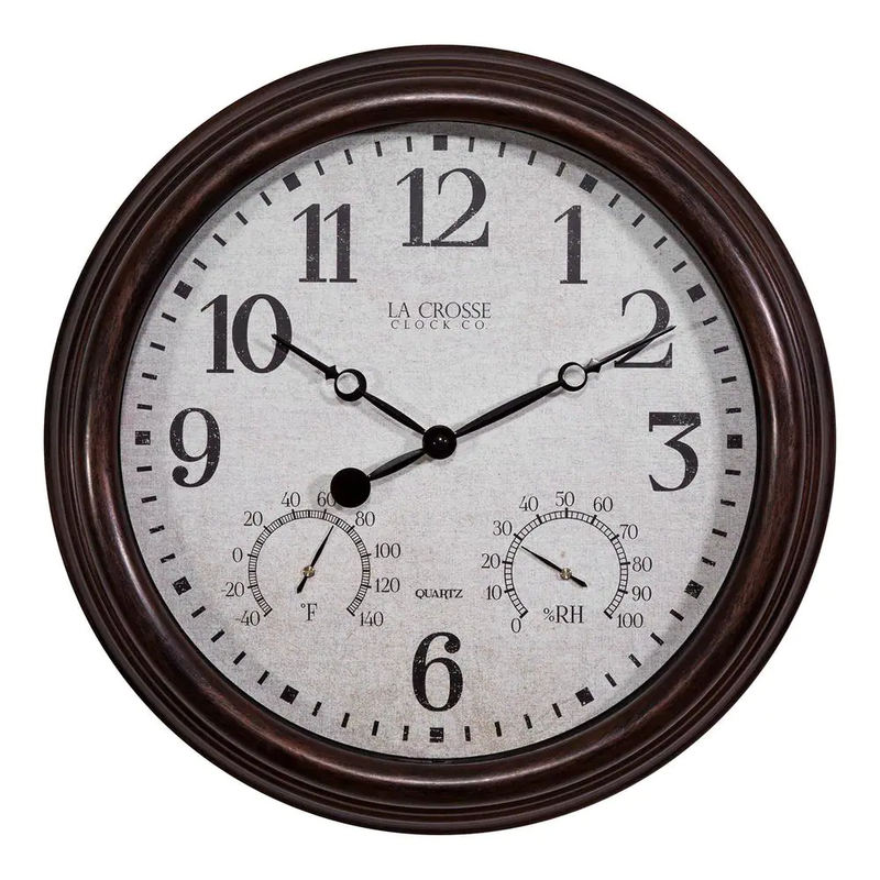 15 In. Brown Indoor/Outdoor Quartz Wall Clock with Thermomet
