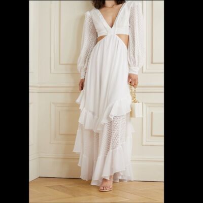 Pre-owned Patbo Cutout Tiered Crochet-knit And Satin-jersey Maxi Dress In White