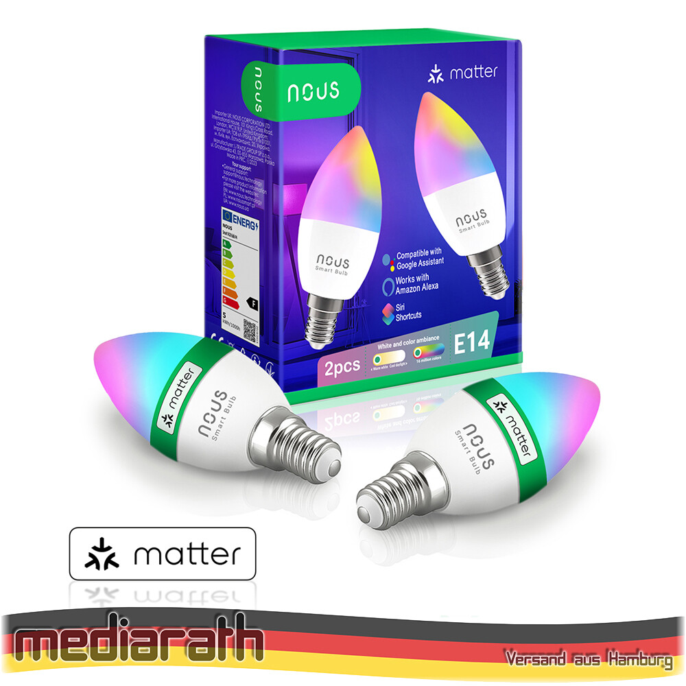 2X NOUS P4 Smart LED WiFi Matter Bulb Lampe RGB 4,5 Watt E14 Sockel 2700-6500K