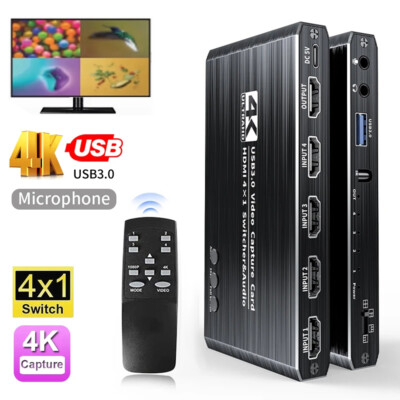 4K Video Capture Card USB 3.0 HDMI 4 in 1 out Switcher Game Recording Streaming