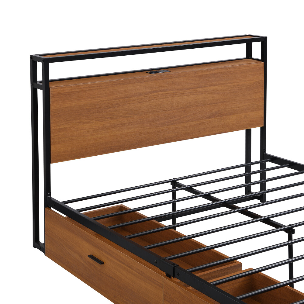 Full Metal Bed Frame with Two Drawers Sockets and USB Ports ,Slat Support Bed