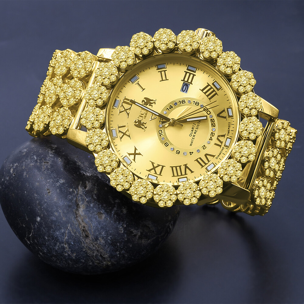 Pre-owned Icy Men's Gold Canary Real Diamonds Roman Dial Flower Band Bezel Gold Tone Watch