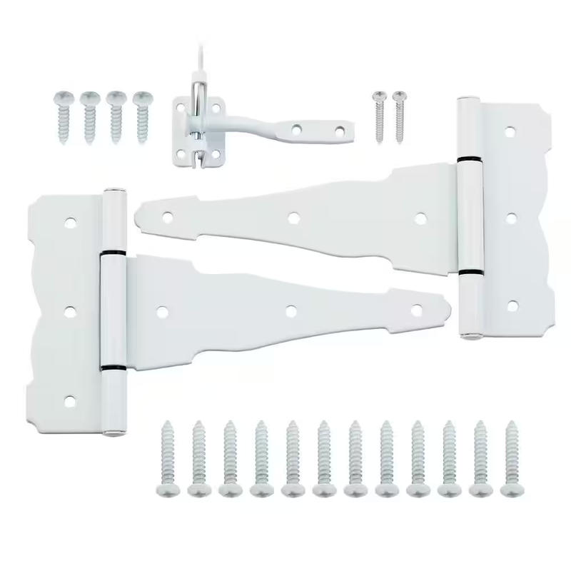 Gate Hinges Latch Set White Steel Fence Hardware Padlockable Outdoor Shed Door