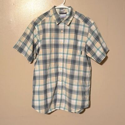 Columbia Button Down Short Sleeve Plaid Shirt Yellow/Green Mens Size Medium