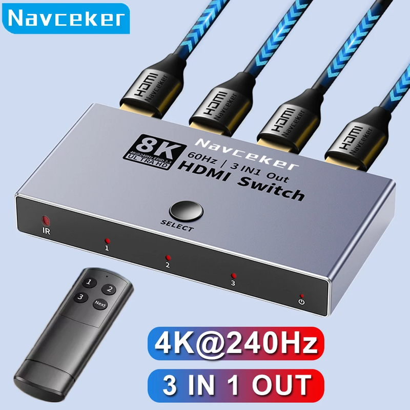 8K HDMI 2.1 Switch Splitter 4K 240Hz 3 Inputs 1 Output 3 port HDMI Switcher with