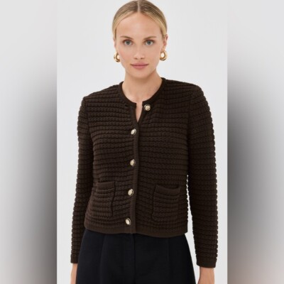 NEW Ba&sh Bash Gaspard Tweed Cardigan Jacket in Chocolat Brown | size 2 /  M