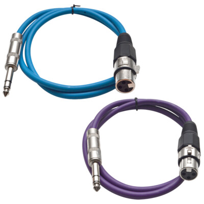 Two 1/4'' to XLR Female Patch Cables 3' Extension Cords Jumper - Various Colors