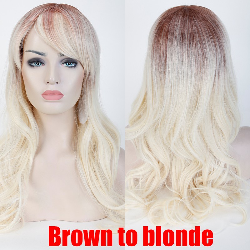 Full Wig Brown Blonde Ombre Synthetic Hair Glueless Curly Straight With Bangs Hg