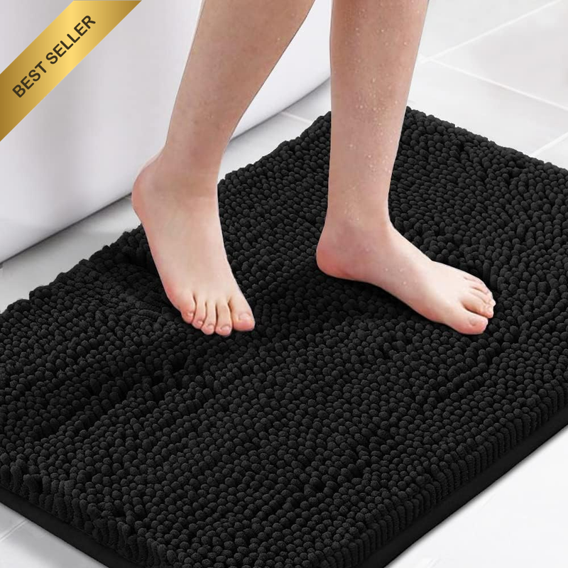 Black Bath Mat - 43Cm X 61Cm Non Slip Bathroom Rug Mat Water Absorbent Luxury Ch