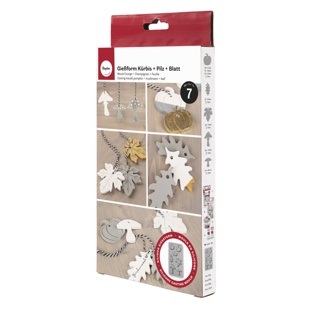 Rayher Silikon Gießform Kürbis, Pilz, Blatt, 14,5x26x1cm, 7 Formen, Box 1Stück