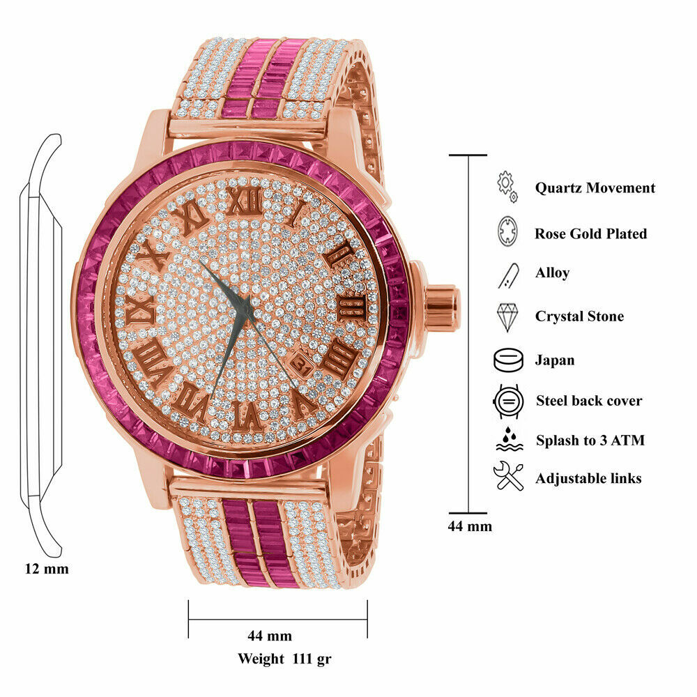 Pre-owned Ice House Roman Numerals Dial Pink Tourmaline Solid Steel Baguette Bezel Custom Band Watch