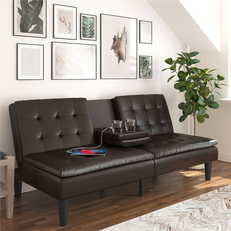 Upholstered Faux Leather Futon Sofa Couch with Cupholders an
