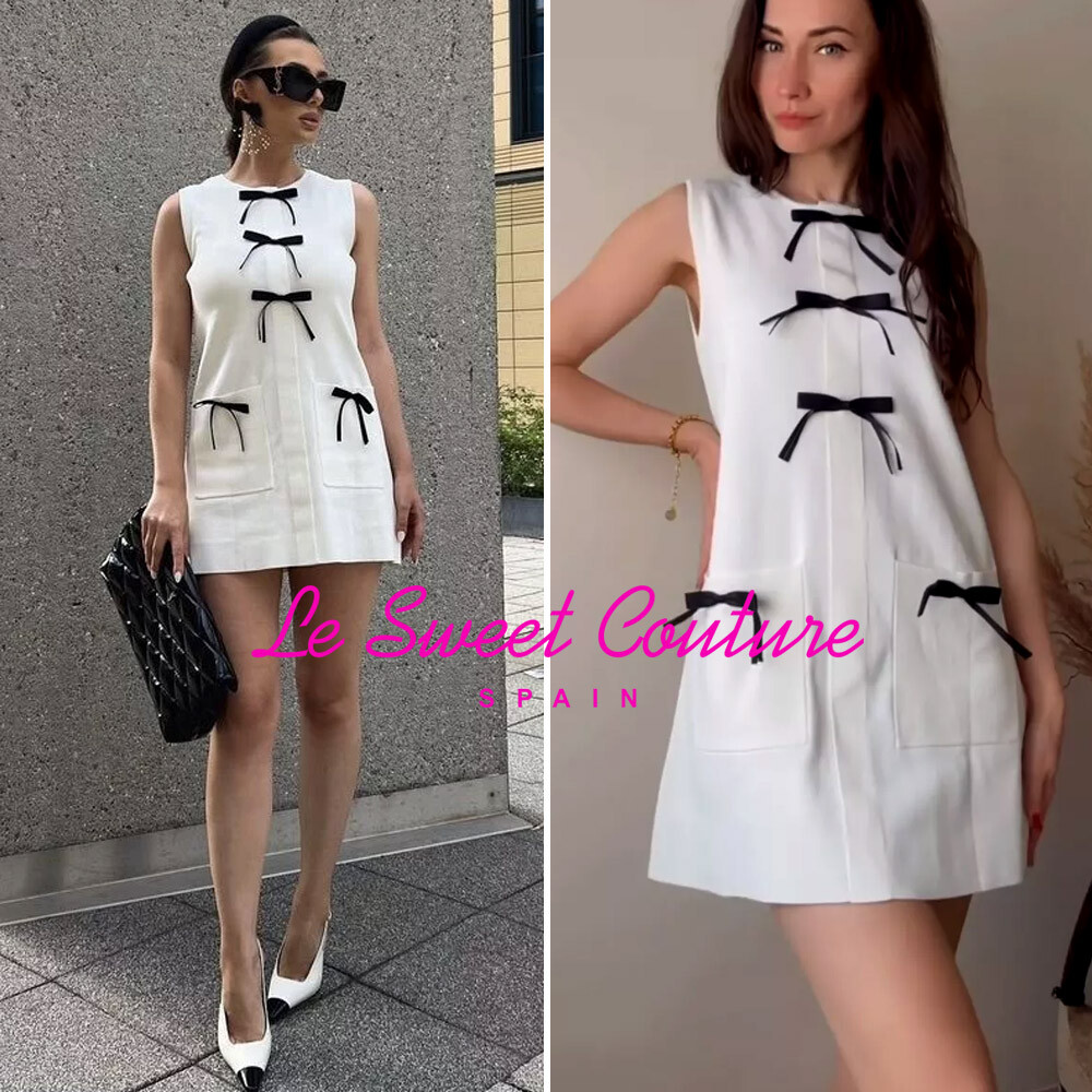 ZARA WOMAN NWT SS24 KNIT MINI DRESS WITH CONTRAST BOWS WHITE