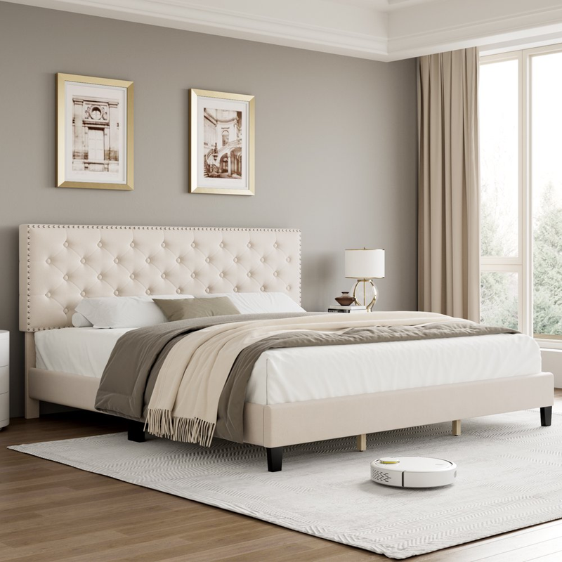 Platform Bed Frame King Size Modern Upholstered Velvet Button Tufted Headboard