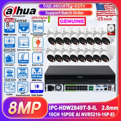 DAHUA 16CH 16POE AI NVR CCTV SyStem Kit 8MP Full Color Dual Light IP Camera lot