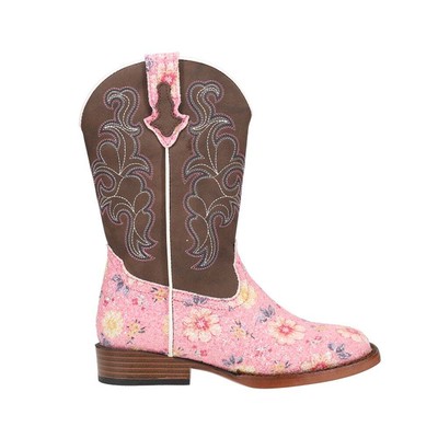 Roper Glitter Floral Square Toe Cowboy Youth Girls Brown, Pink Casual Boots 09-