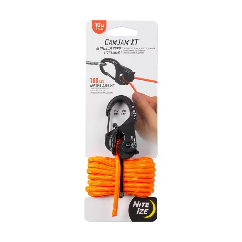 Nite Ize CamJam XT 10 ft 550 Paracord Tie Down Aluminum Rope Tightener Orange