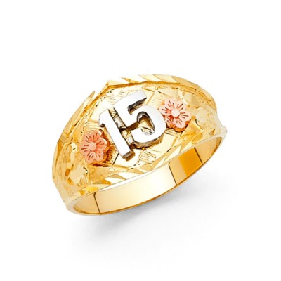 Sweet 15 Anos Double Flower Band 11mm 14k Tri Colored Real Gold Quinceañera Ring
