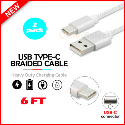 2 USB Type C 6' Braided Cord for Motorola Moto G Fast/G Power/G Stylus/G 5G Plus