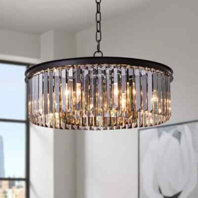 SILJOY 22 in. 6-Light Black Farmhouse Pendant Light Crystal Drum Chandelier