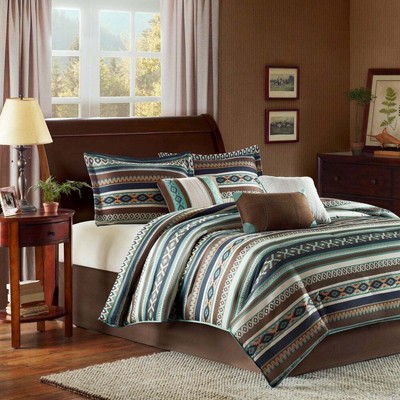 BEAUTIFUL BLUE GREEN TEAL BROWN SOUTHWEST MOOSE COUNTRY LOG CABIN COMFORTER SET