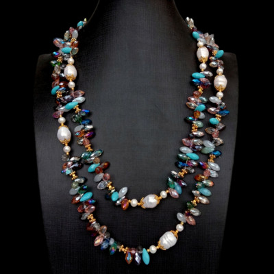 Cultured Freshwater White Rice Pearl Multi Color Crystal Long Necklace 49''