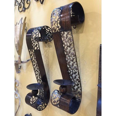 Set of 2 Curved Metal Wall Sconce Pillar Candle Holders, Pierced Leaves, Bronzed