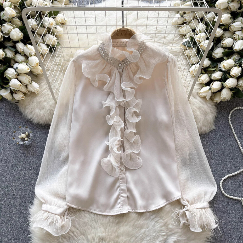 Chiffon Ruffles Shrits Tops Women T-shirts Frill Puff Sleeve