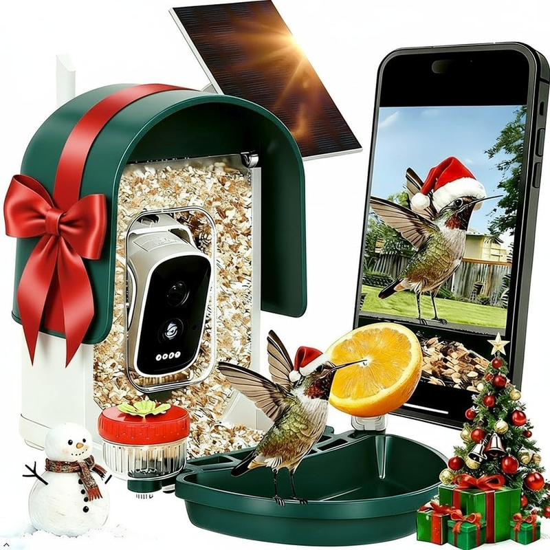 Smart Bird Feeder with Camera Solar Powered, Al Ldentify 10000+ Birds, 4K HD Video&Instant Notifications, USB Charging, 2.4Ghz Wifi Feeder Hourse, IPX7 Weatherproof for Christmas Gifts