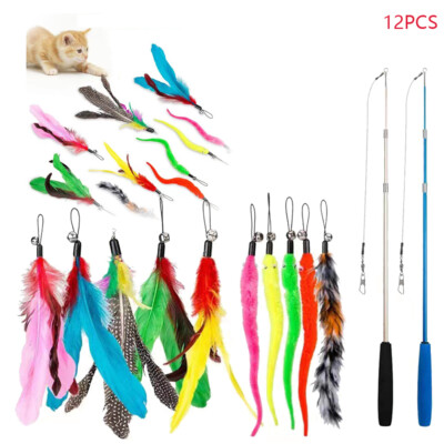 Cat Kitten Toy Feather Bell Wand Teaser Rod Interactive Play Pet Toys Gift 12Pcs