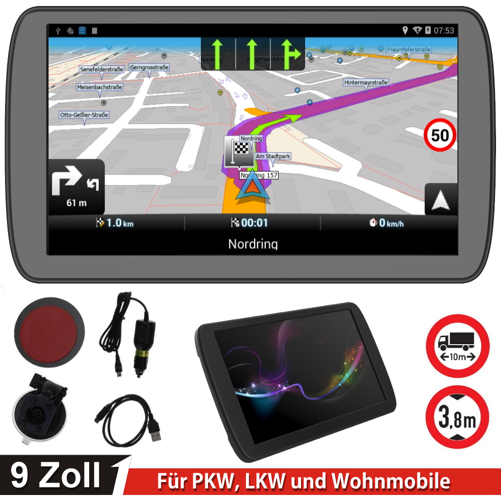 9 Zoll Navi für LKW, PKW, BUS, WOHNMOBIL UND CAMPER, Capacitive Screen, Blitzer