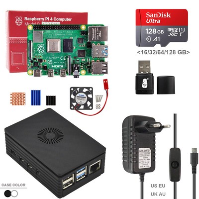Raspberry Pi 4 Model B 4B DIY Kit with Fan Plastic Case + 5V 3A Power SD Card