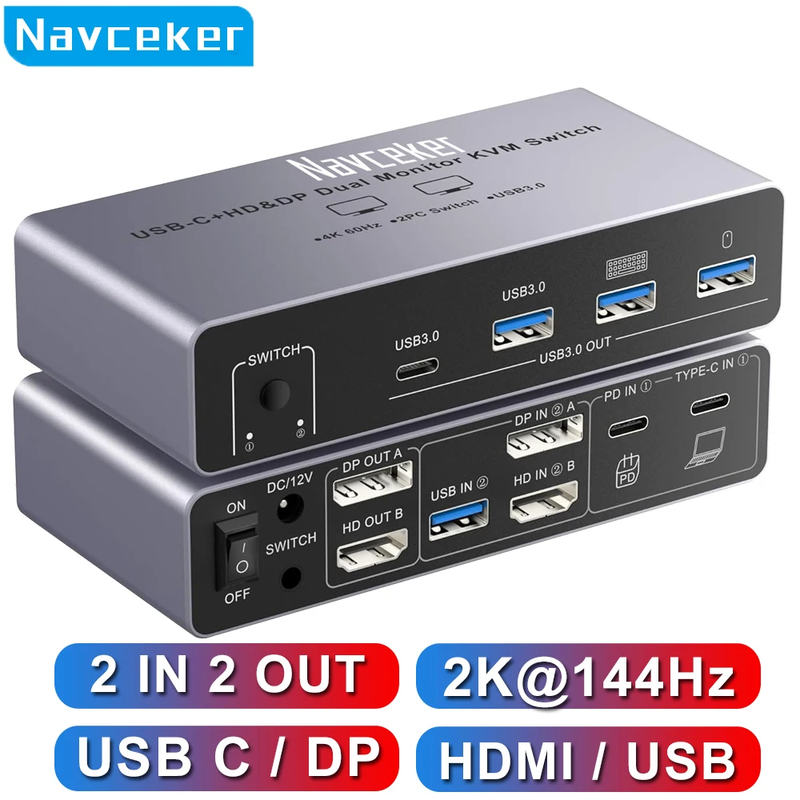 USB C HDMI DP KVM Switch 2K 144Hz Dual Monitors 4K Type C ThunderBolt KVM Switch