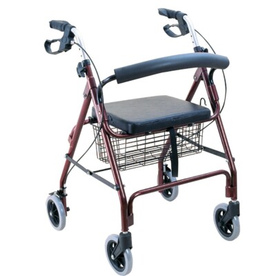 BODYMED ALUMINUM ROLLATOR WITH 6'' WHEELS, PVC SOFT SEAT, LOOP BRAKE, BURGUNDY