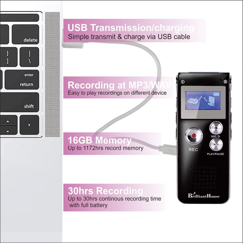 16GB Digital Voice Recorder Voice Activated Recorder with Playback 3072KBPS Upgr
