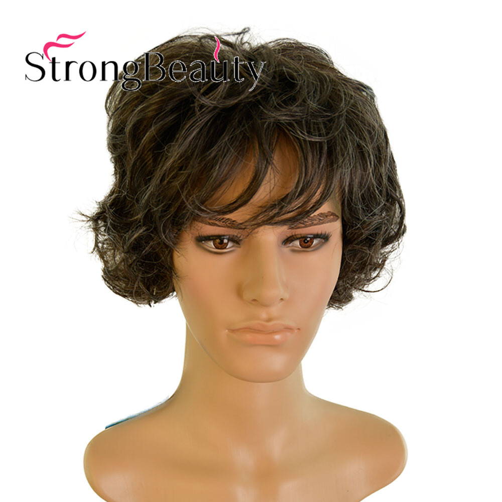 Curly Wavy Natural Black Silver Highlight Handsome Short Synthetic