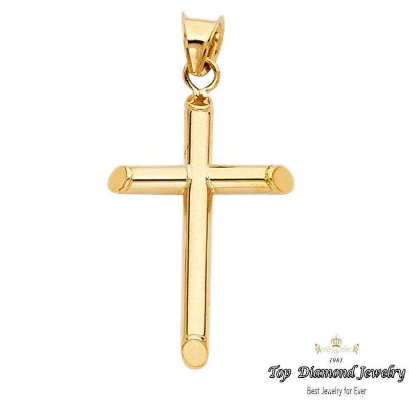 14k Solid Yellow Gold Cross Crucifix Polished Pendant Charm Necklace Men Women