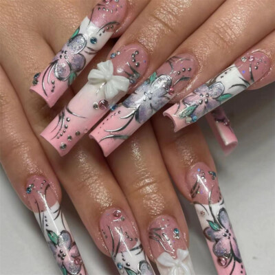 Extra Long Square False Nail Camellia French Press on Nails for Nail Art 24pcs