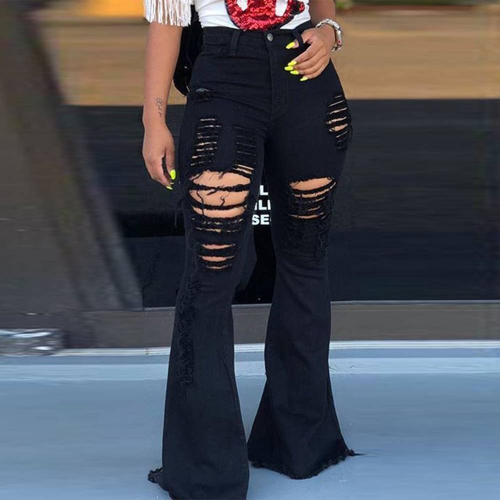 Womens Ripped Flared Denim Jeans Ladies Casual Skinny Bell Bottom Pants Trousers